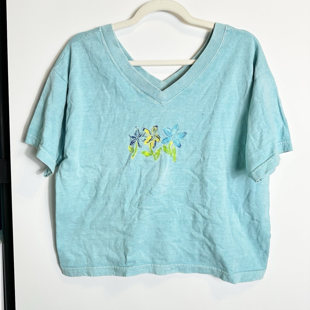 Vintage i Can Too Womens One Size Aqua Floral V Neck Crop T Shirt Top USA 90s